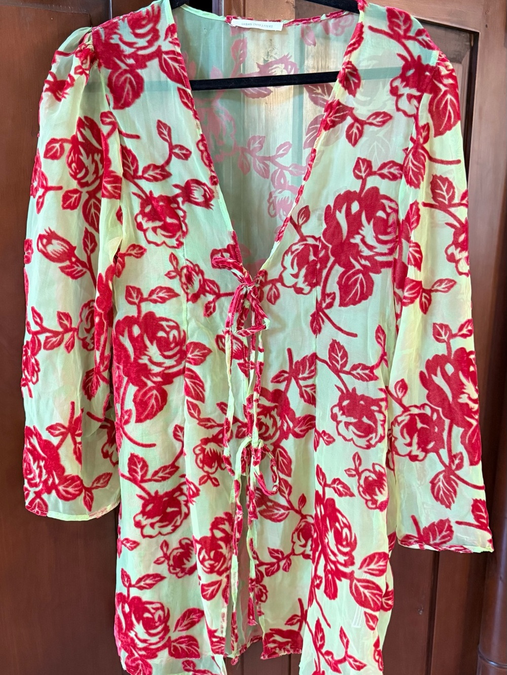 Urban Outfitters Sheer Floral Tie-Front Cover-Up - Red Floral on Light Green